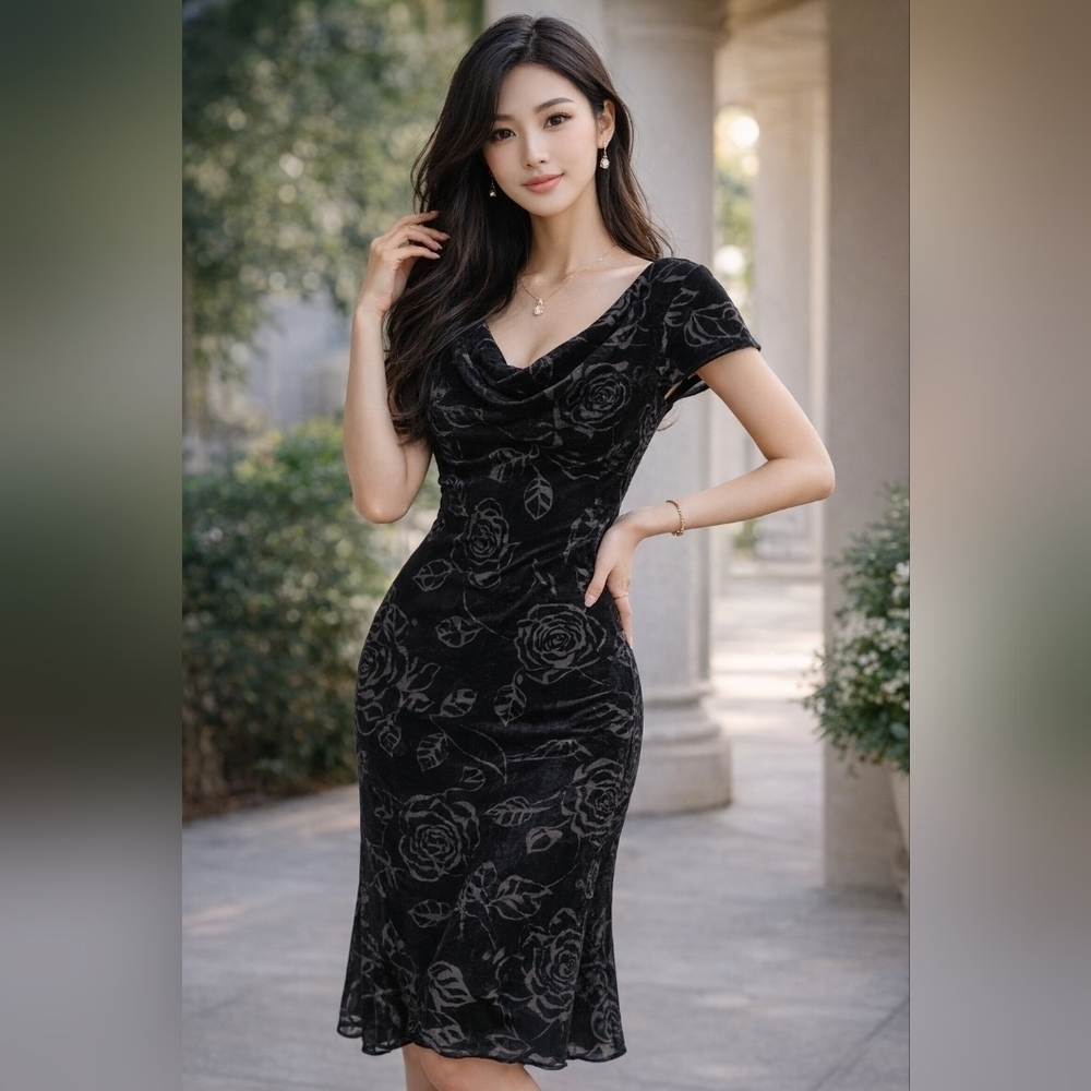 Vintage 80s Robbie Bee Sheath Dress 6 Womens Black Velvet Floral Draped Back